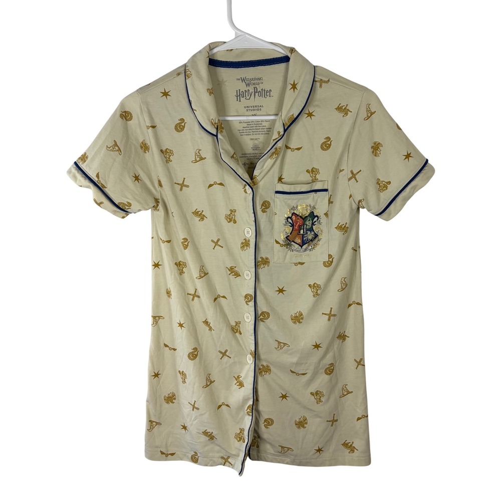Harry Potter Universal Studios Hogwarts Pajama Top Cream‎ Gold Foil XS